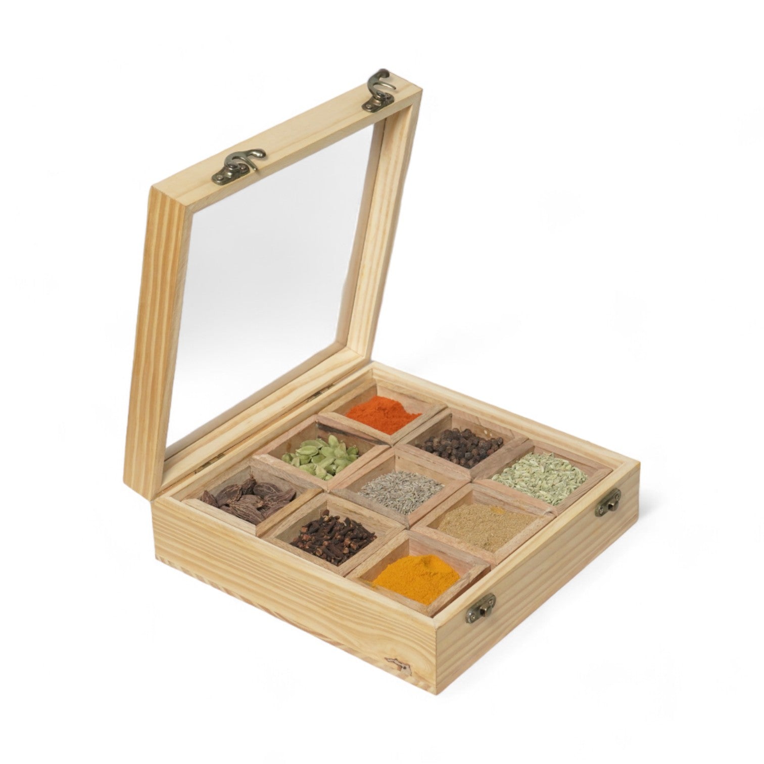 22. Wooden Table Top Masala Dabba 9 - Containers Jars & Kitchen Spice Box with Spoon Masala Box For Kitchen (Pine Wood, Fiber Top, Yellow)