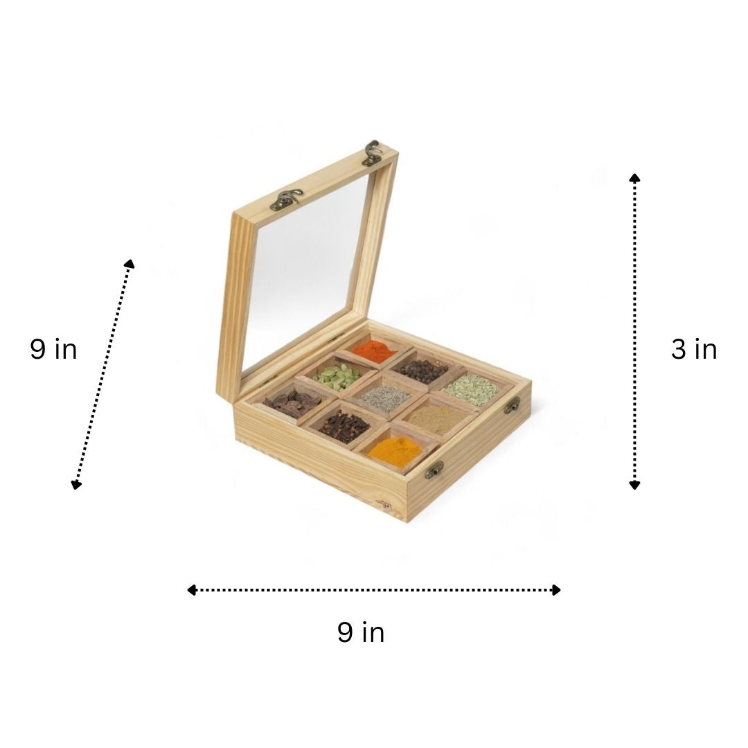 22. Wooden Table Top Masala Dabba 9 - Containers Jars & Kitchen Spice Box with Spoon Masala Box For Kitchen (Pine Wood, Fiber Top, Yellow)