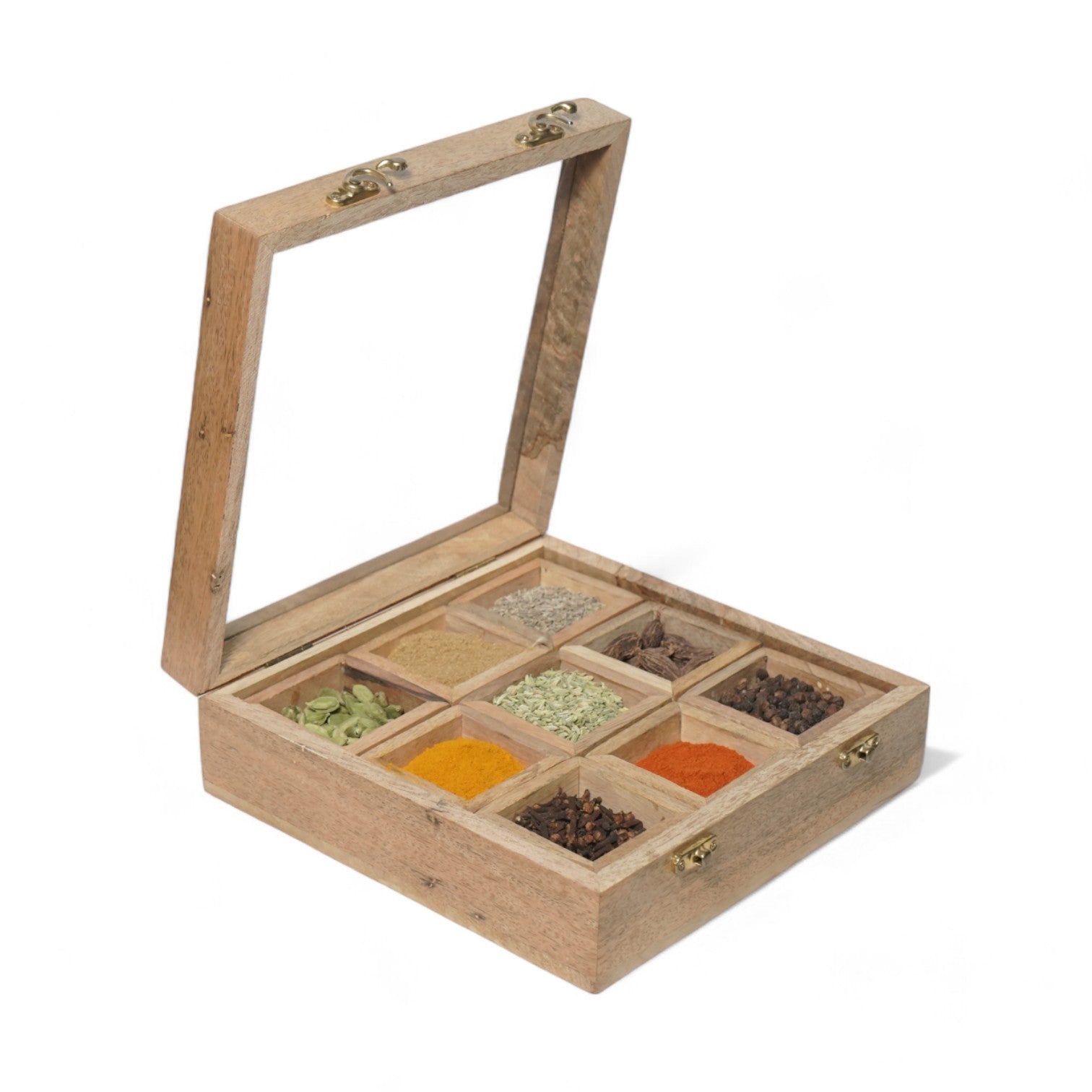 4. Wooden Table Top Masala Dabba 9 Containers Jars & Kitchen Spice Box with Spoon Masala Box For Kitchen Mango Wood, Fiber Top, Brown