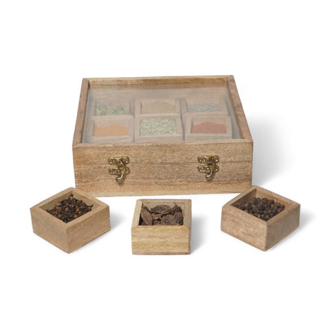 4. Wooden Table Top Masala Dabba 9 Containers Jars & Kitchen Spice Box with Spoon Masala Box For Kitchen Mango Wood, Fiber Top, Brown