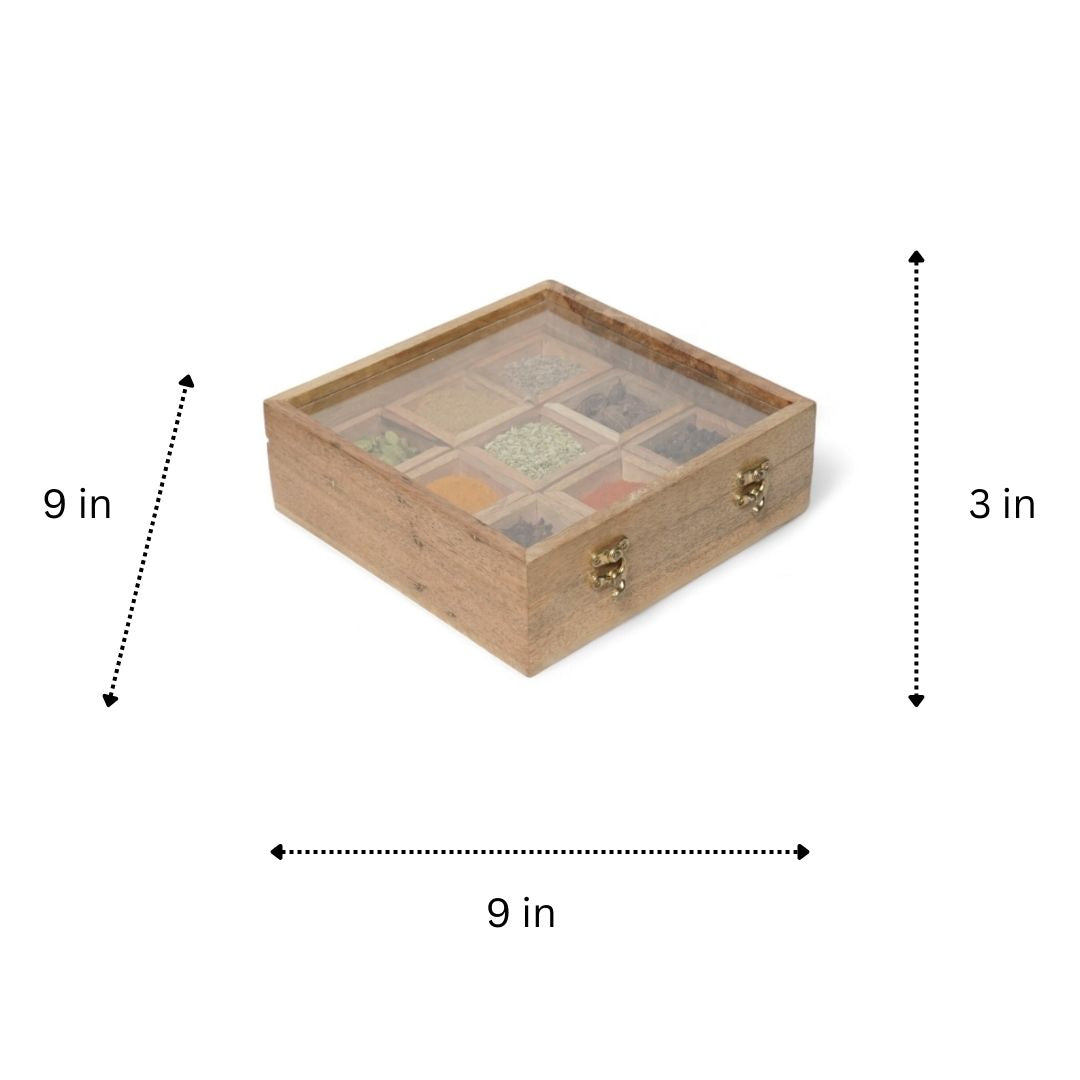 4. Wooden Table Top Masala Dabba 9 Containers Jars & Kitchen Spice Box with Spoon Masala Box For Kitchen Mango Wood, Fiber Top, Brown