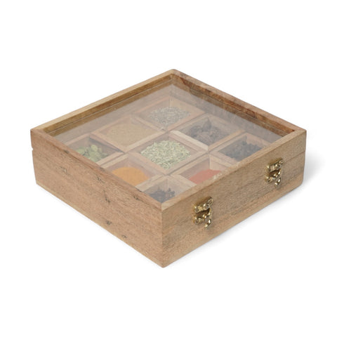 4. Wooden Table Top Masala Dabba 9 Containers Jars & Kitchen Spice Box with Spoon Masala Box For Kitchen Mango Wood, Fiber Top, Brown