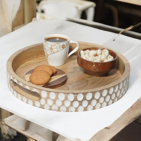 Wooden tray for decoration, Round Wooden tray for kitchen organizer, Wooden platter for serving, Wooden trays for serving food, Tray for serving coffee breakfast, Dining table organizer Home decor