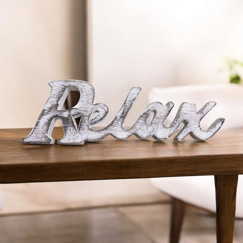 Rustic Distressed White Wooden Words Sign Free Standing or Wall Mounted "Relax" Desk/Shelf/Home Wall/Office Decoration Art, Vintage Relax Signs for Home Decor - 12" x 3.75"- Global Craft and Creations | MA33