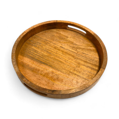 Wooden Serving Tray with Handles Premium Mango Wood Tray Multi-Use Ottoman Tray for Kitchen Living Room Breakfast Tray Coffee Table Tray Round Serving Tray 14 Inches - GLOBAL CRAFT AND CREATIONS | MA01