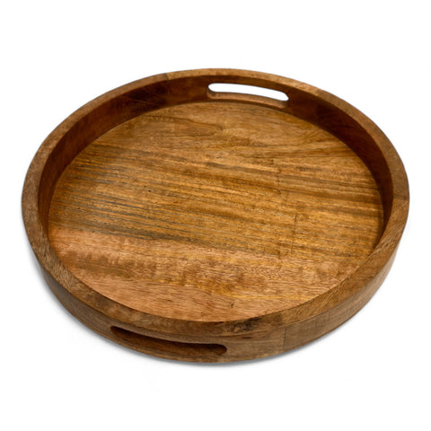 Wooden Serving Tray with Handles Premium Mango Wood Tray Multi-Use Ottoman Tray for Kitchen Living Room Breakfast Tray Coffee Table Tray Round Serving Tray 14 Inches - GLOBAL CRAFT AND CREATIONS | MA01