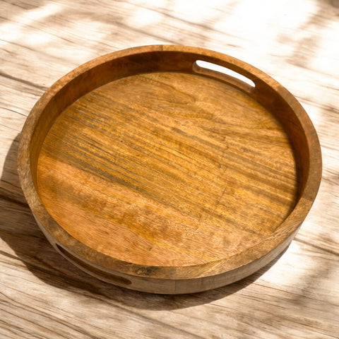 Wooden Serving Tray with Handles Premium Mango Wood Tray Multi-Use Ottoman Tray for Kitchen Living Room Breakfast Tray Coffee Table Tray Round Serving Tray 14 Inches - GLOBAL CRAFT AND CREATIONS | MA01