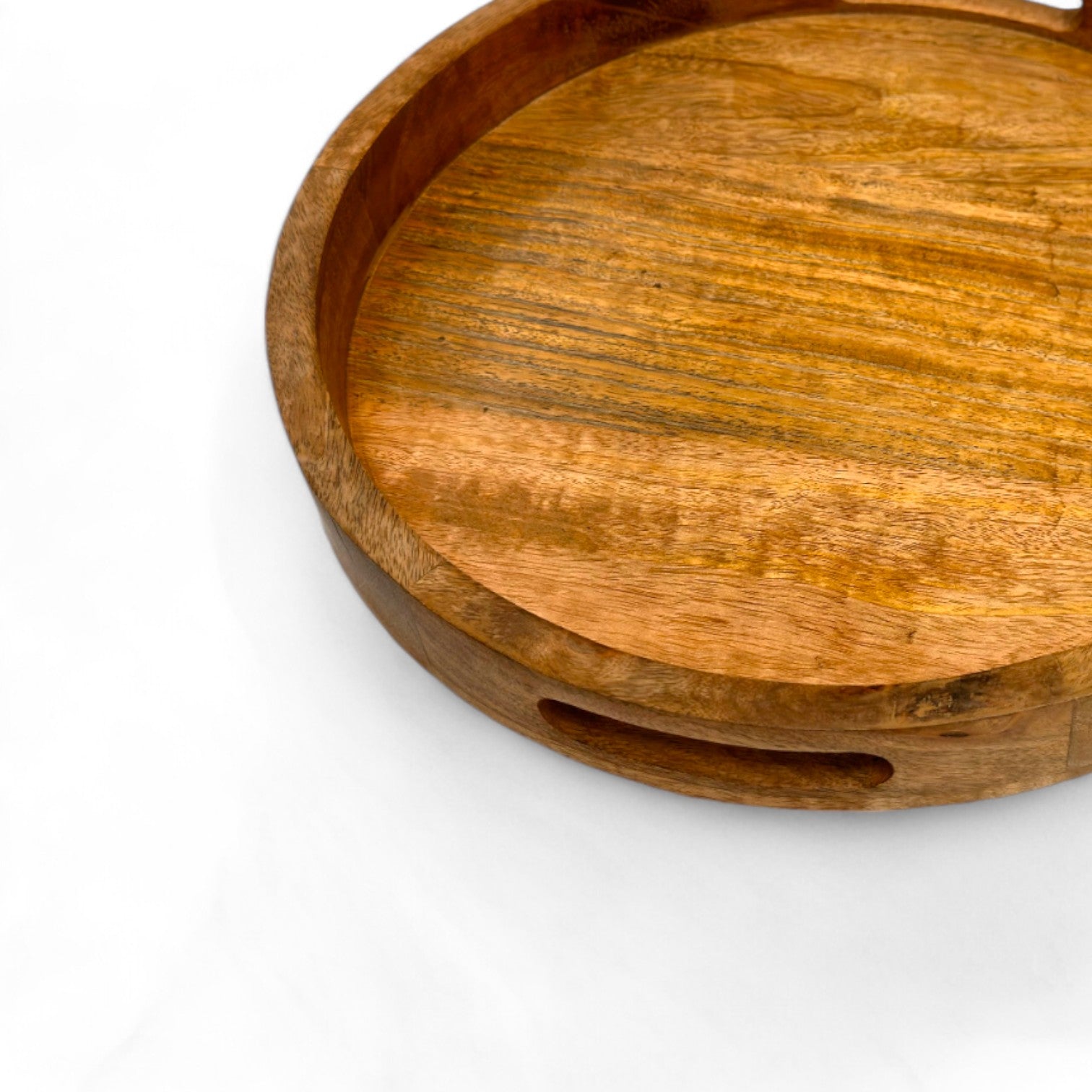 Wooden Serving Tray with Handles Premium Mango Wood Tray Multi-Use Ottoman Tray for Kitchen Living Room Breakfast Tray Coffee Table Tray Round Serving Tray 14 Inches - GLOBAL CRAFT AND CREATIONS | MA01