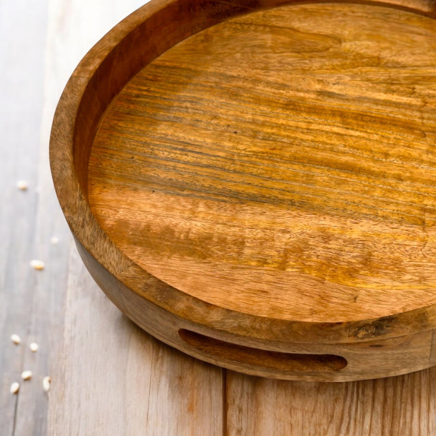 Wooden Serving Tray with Handles Premium Mango Wood Tray Multi-Use Ottoman Tray for Kitchen Living Room Breakfast Tray Coffee Table Tray Round Serving Tray 14 Inches - GLOBAL CRAFT AND CREATIONS | MA01