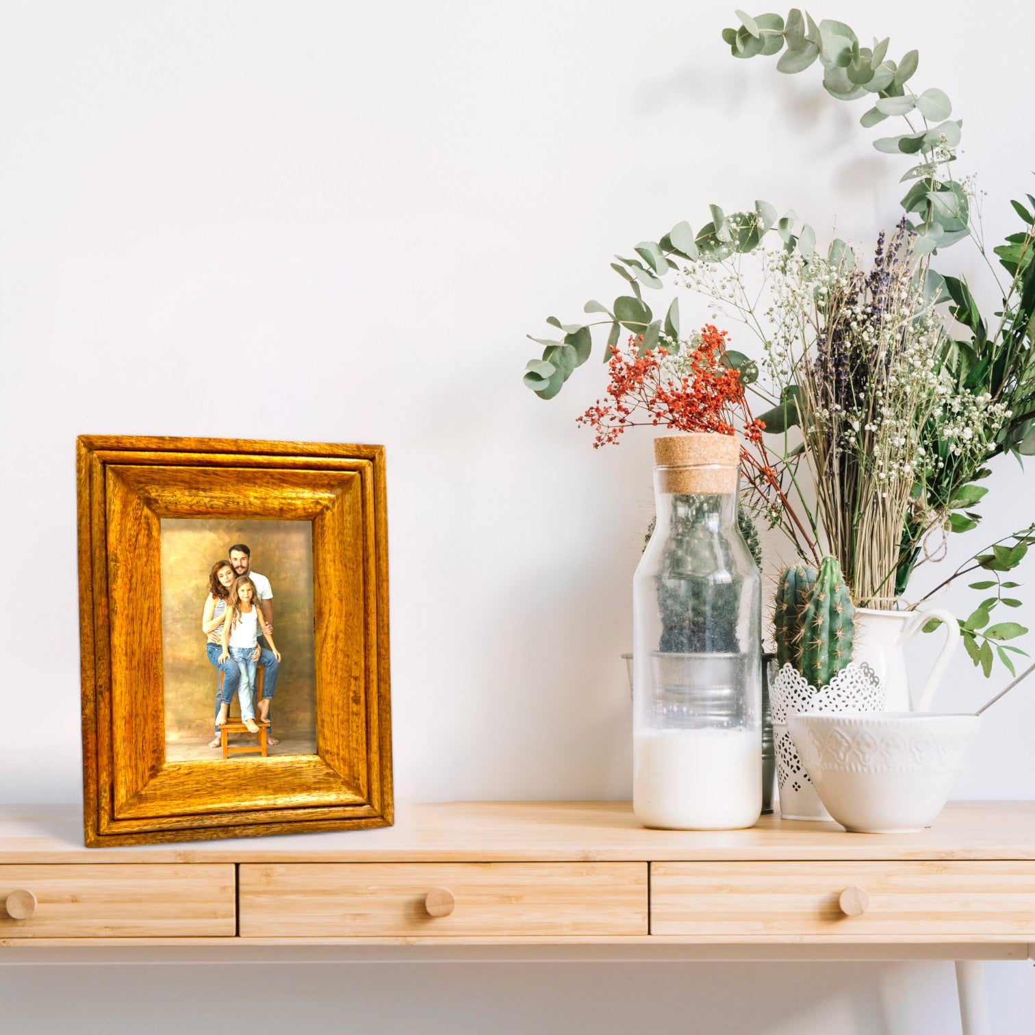 GLOBAL CRAFT AND CREATIONS Wooden Table-Top Photo Frame | Solid Wood Picture Frame for Table Decor, Wall Decor, Office Decor & Home Decor (4x6), Rectangular, Handcrafted Natural finished Rustic Style TableTop Display | MA08