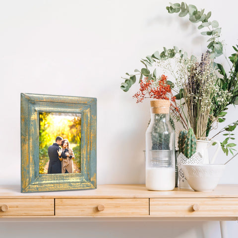 GLOBAL CRAFT AND CREATIONS Wooden Table-Top Photo Frame | Solid Wood Picture Frame for Table Decor, Wall Decor, Office Decor & Home Decor (5x7), Rectangular, Handcrafted Forest Green finished Rustic Style TableTop Display | MA16