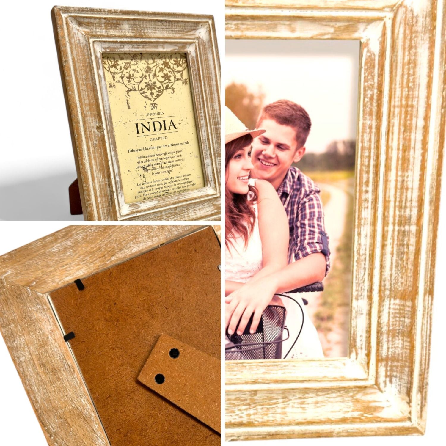 GLOBAL CRAFT AND CREATIONS Wooden Table-Top Photo Frame | Solid Wood Picture Frame for Table Decor, Wall Decor, Office Decor & Home Decor (5x7), Rectangular, Handcrafted White Wash finished Rustic Style TableTop Display | MA17