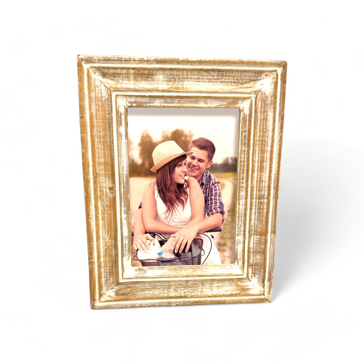 GLOBAL CRAFT AND CREATIONS Wooden Table-Top Photo Frame | Solid Wood Picture Frame for Table Decor, Wall Decor, Office Decor & Home Decor (5x7), Rectangular, Handcrafted White Wash finished Rustic Style TableTop Display | MA17