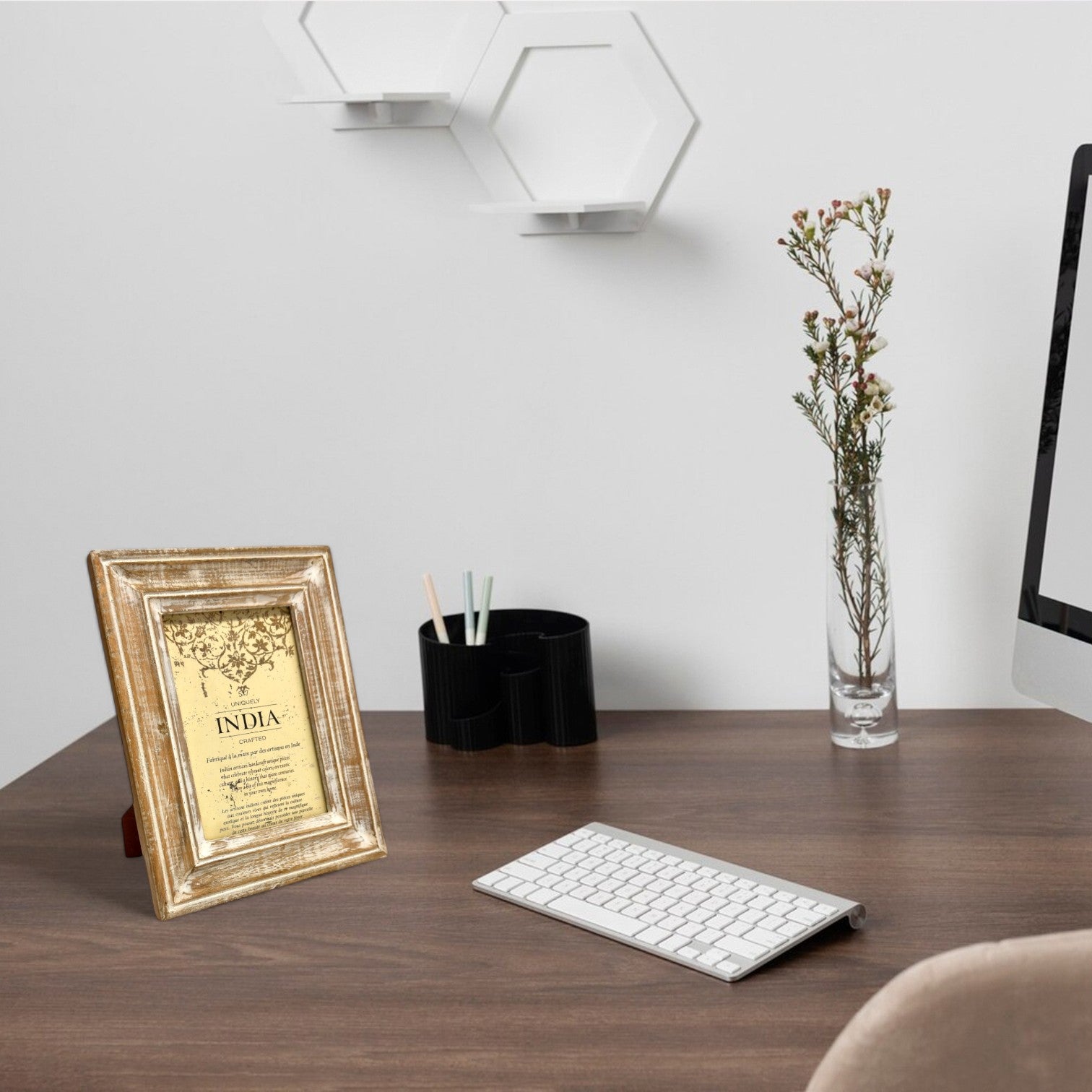 GLOBAL CRAFT AND CREATIONS Wooden Table-Top Photo Frame | Solid Wood Picture Frame for Table Decor, Wall Decor, Office Decor & Home Decor (5x7), Rectangular, Handcrafted White Wash finished Rustic Style TableTop Display | MA17