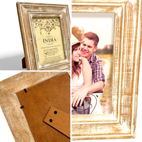 GLOBAL CRAFT AND CREATIONS Wooden Table-Top Photo Frame | Solid Wood Picture Frame for Table Decor, Wall Decor, Office Decor & Home Decor (5x7), Rectangular, Handcrafted White Wash finished Rustic Style TableTop Display | MA17